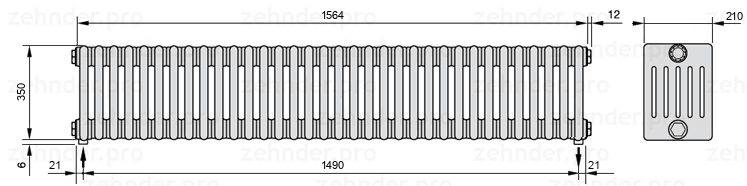 Схема (чертеж) Радиатор Zehnder Charleston 6035/34 №5310 Белый глянцевый RAL 9016